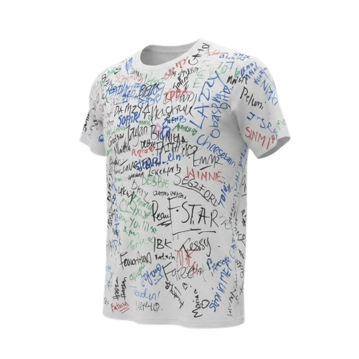 A signed men's Wisher shirt floating mid-air, covered edge to edge in classmates' signatures